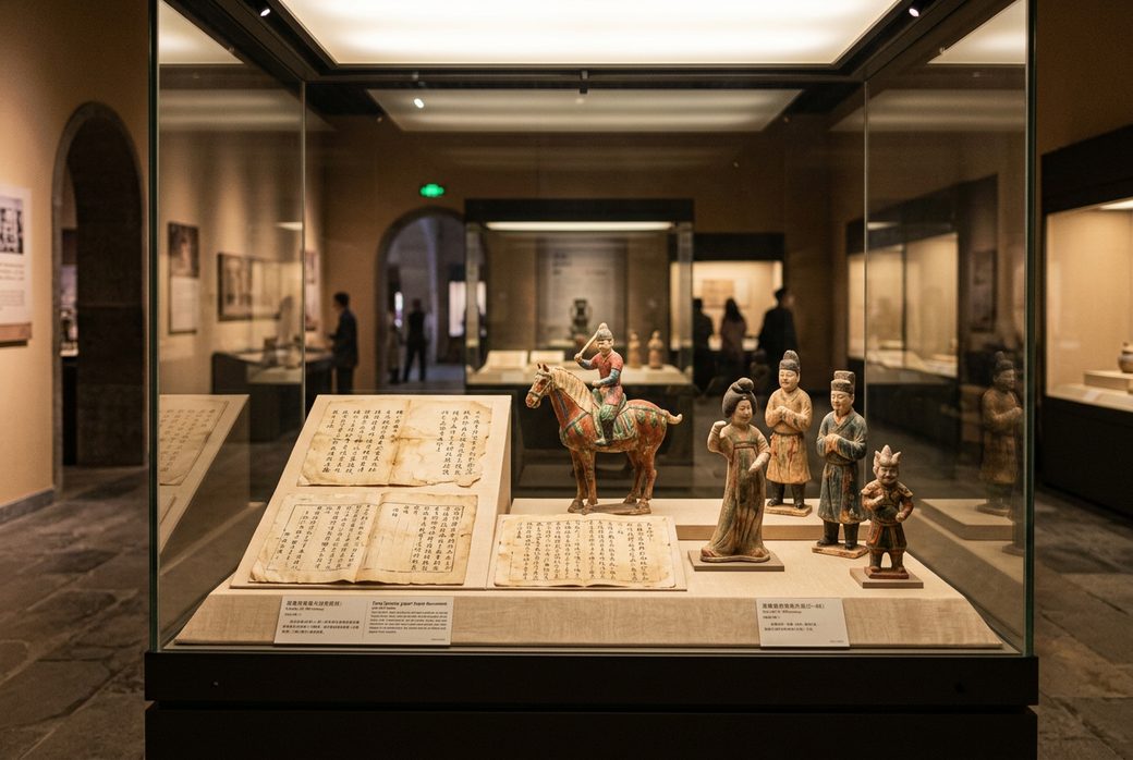 Display of ancient documents and clay figurines in Turpan Museum
