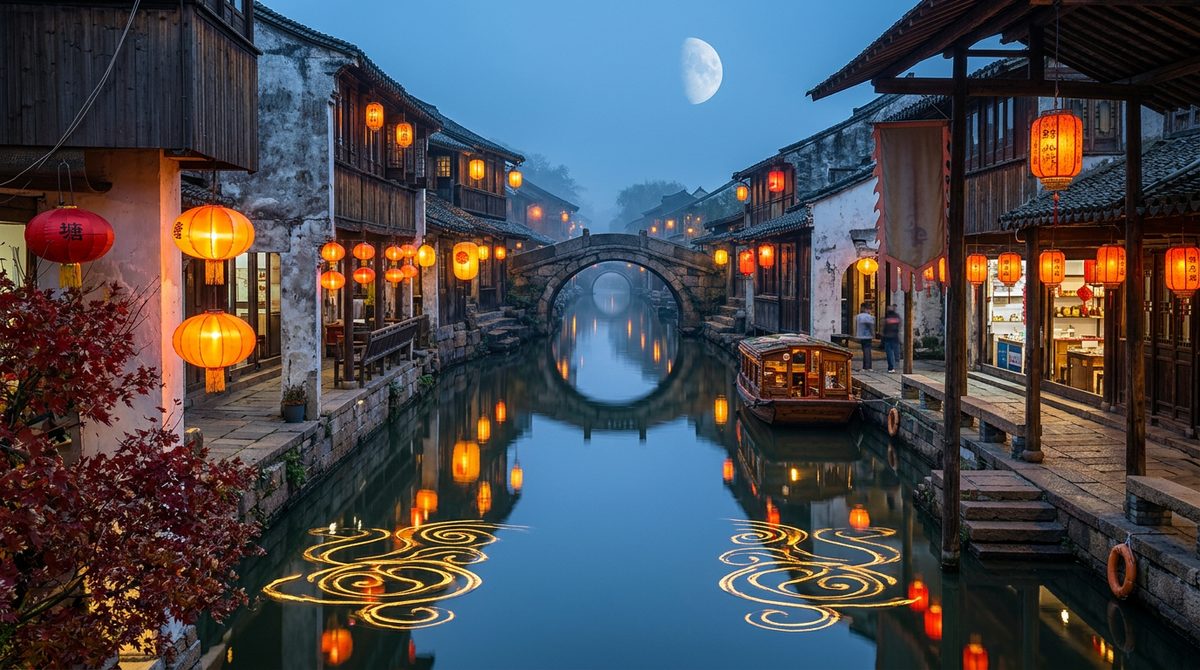 Wuzhen water town canal with wooden houses and covered walkways at dusk