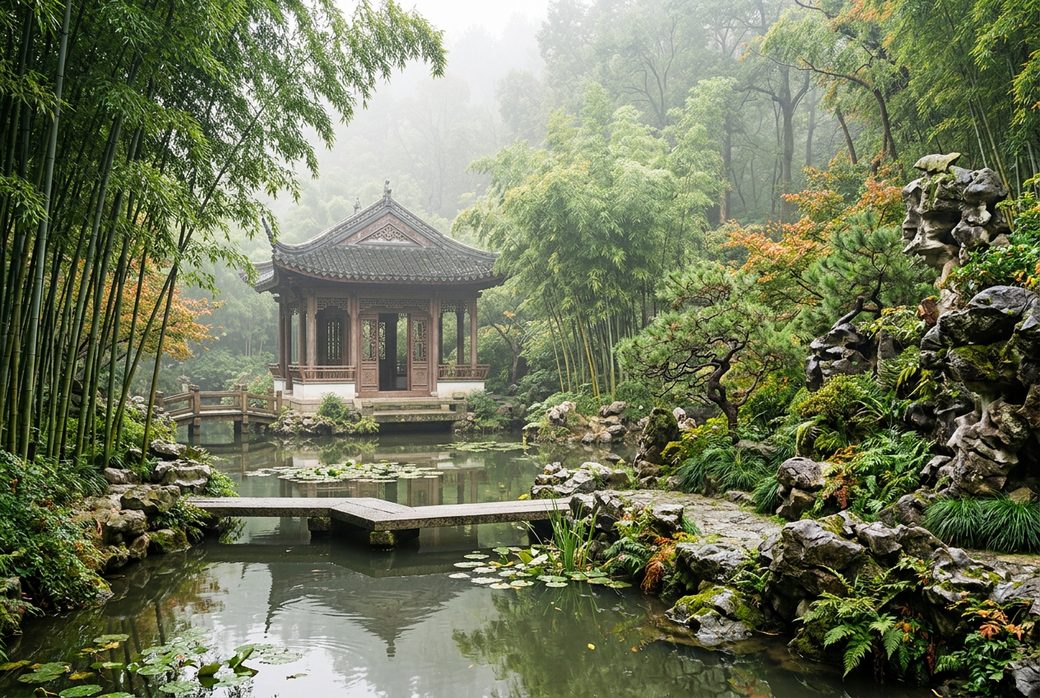 Garden pavilion and pond at Xiaopenglai