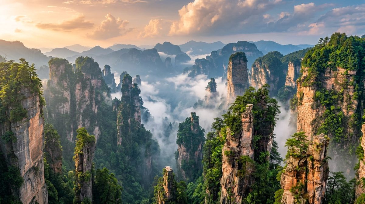 Quartz sandstone pillars of Wulingyuan rising through clouds
