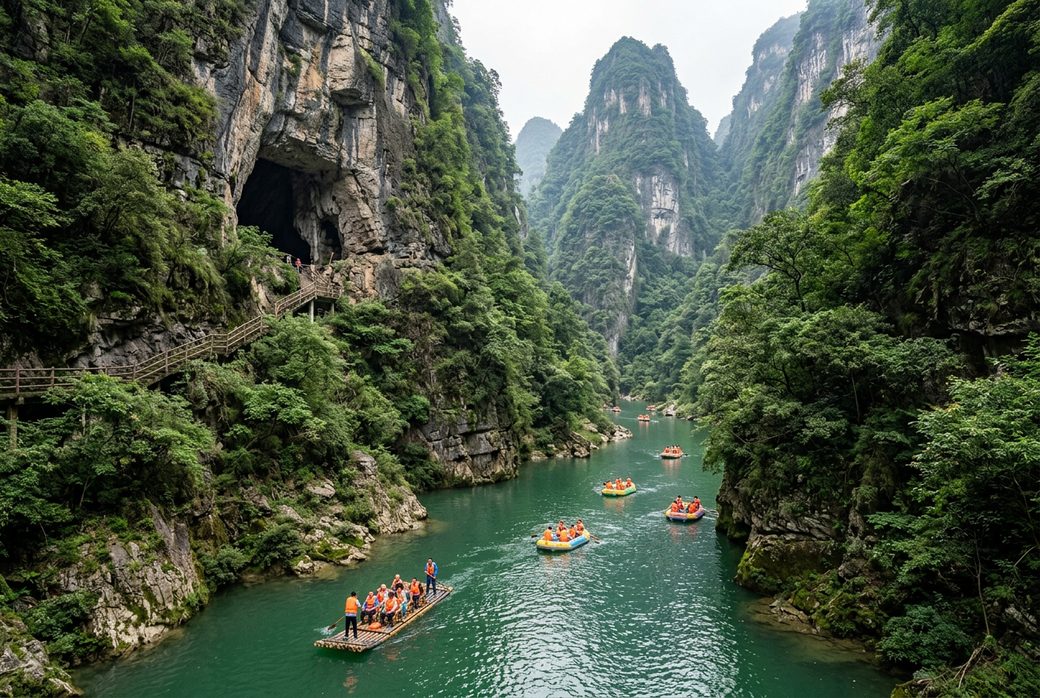 Maoyan River gorge with rafts below green cliffs