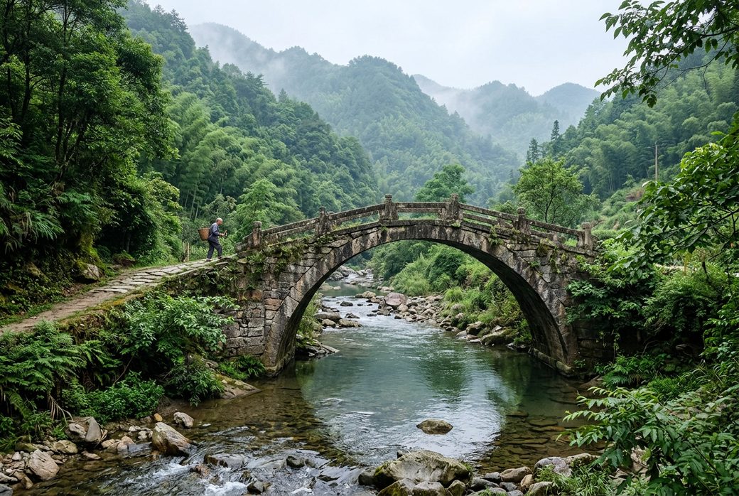 Old stone bridge over a mountain stream at Shuangxi