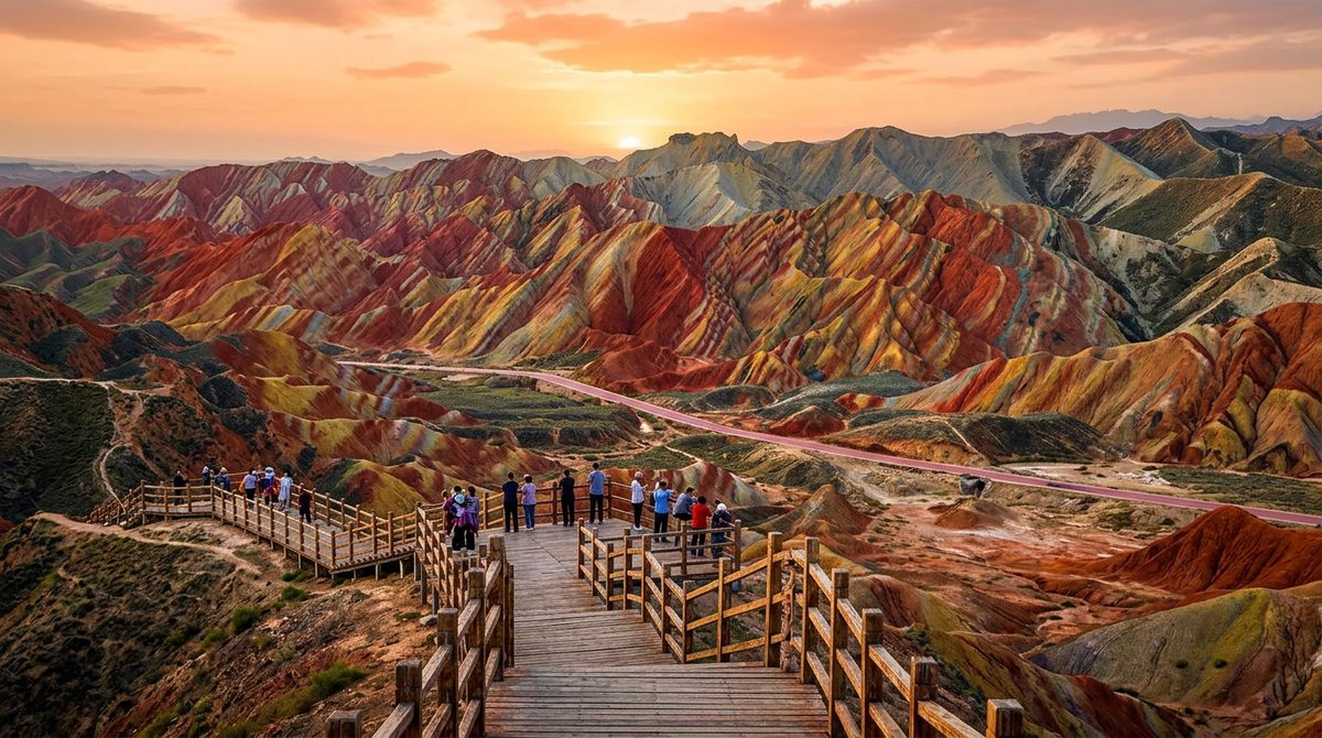 Rainbow-coloured striped hills of Zhangye Danxia at sunset
