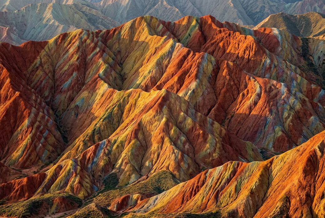Layered red and yellow hills in Zhangye Danxia Geopark
