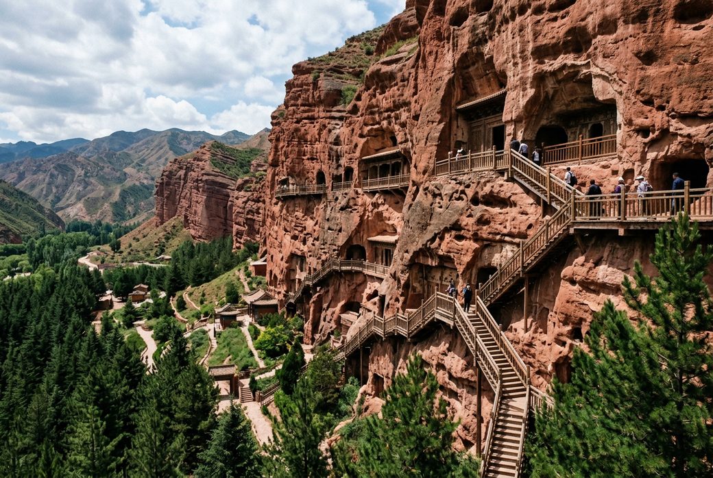 Cave openings cut into the red cliff at Mati Temple