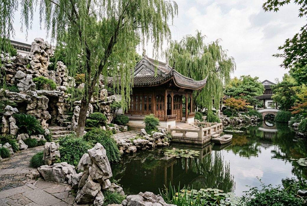 Pavilion and pond in Qushui Garden