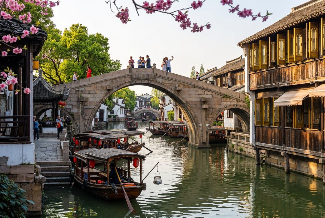 Canal and stone arch bridge in Zhujiajiao