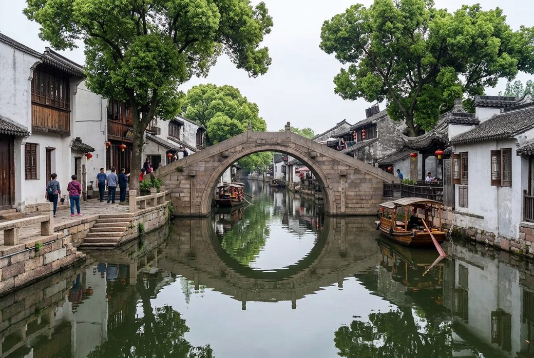Old stone bridge over a canal in Jinze