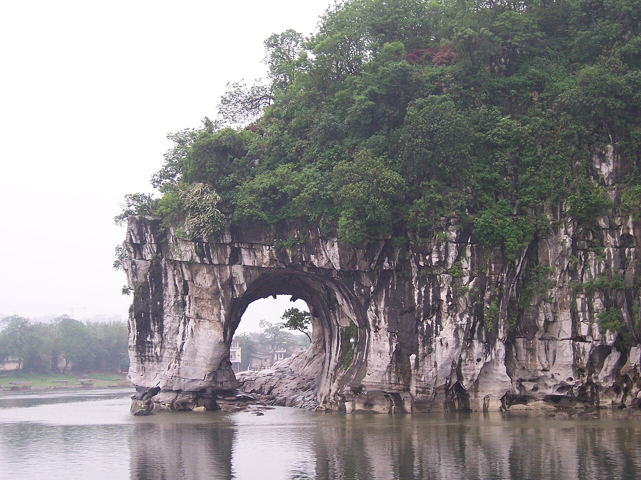 A grey limestone hill topped with green trees, with a round arch at its base like an elephant's trunk reaching the river, whose still surface reflects the hill, under a pale sky