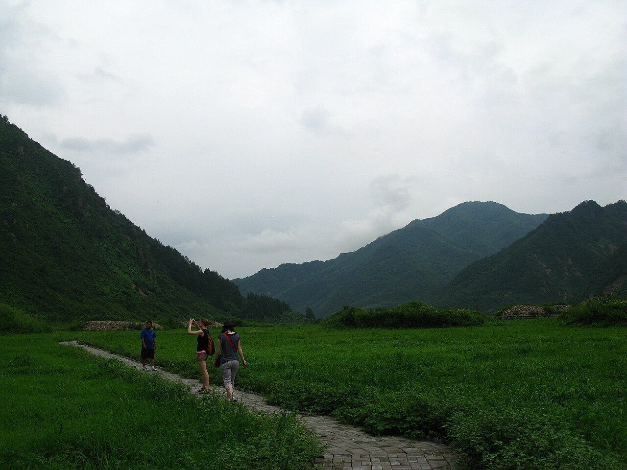 Two walkers on a path across green grassland in a mountain valley, with steep wooded slopes and low cloud on each side