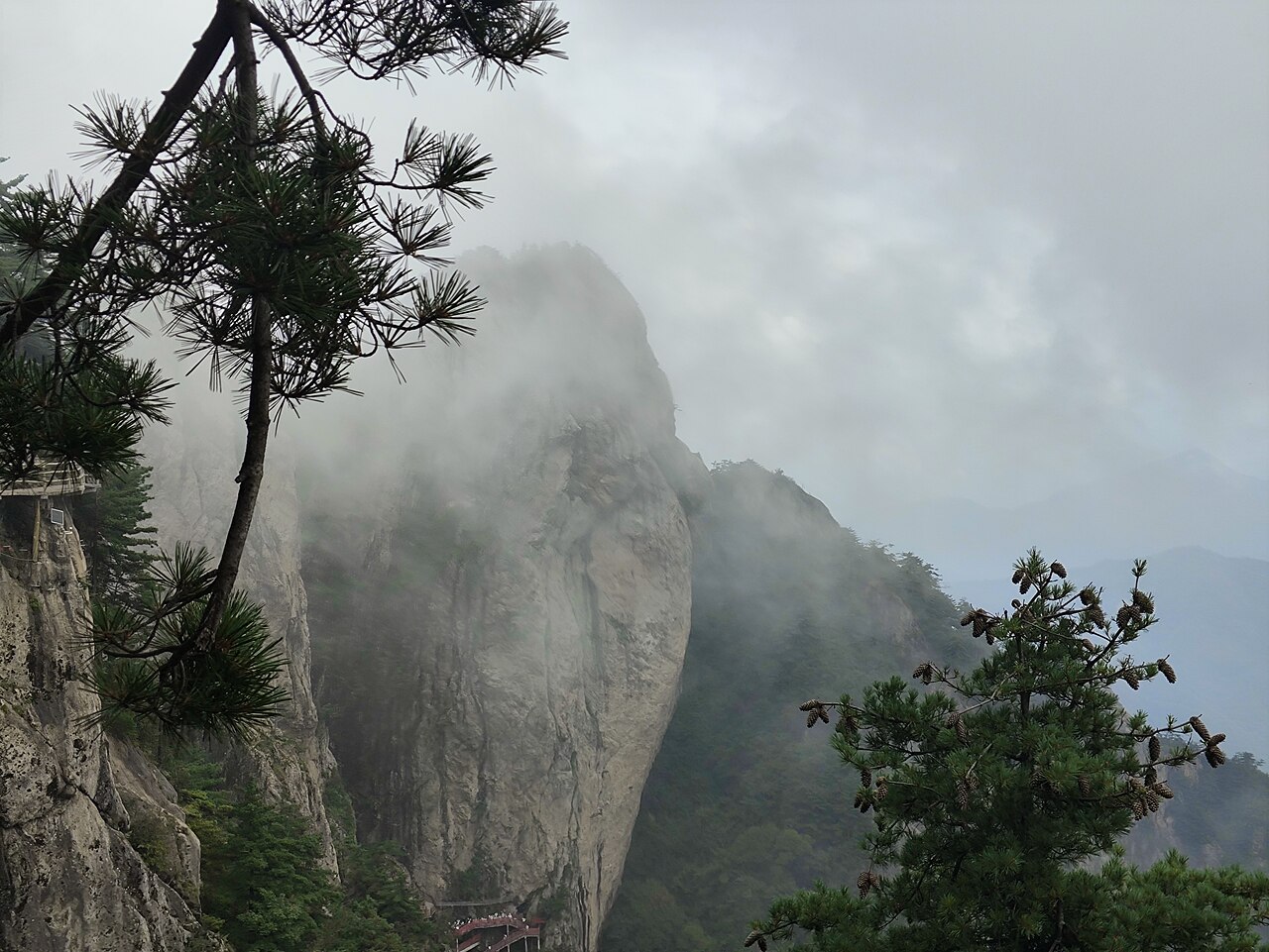 A granite cliff with a twisted pine at its edge, mostly lost in mist, with steep ridges fading behind
