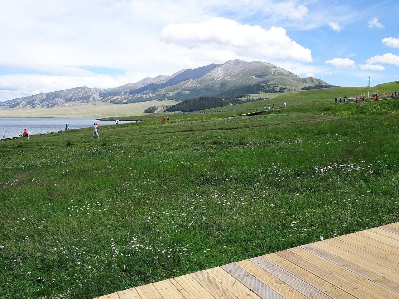 A grassy slope with a pale boardwalk winding through it and green mountain ridges in the distance beside the lake