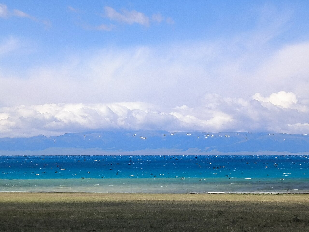 A band of turquoise lake water beyond a strip of golden grass, with a long blue mountain range and heaped white cloud above