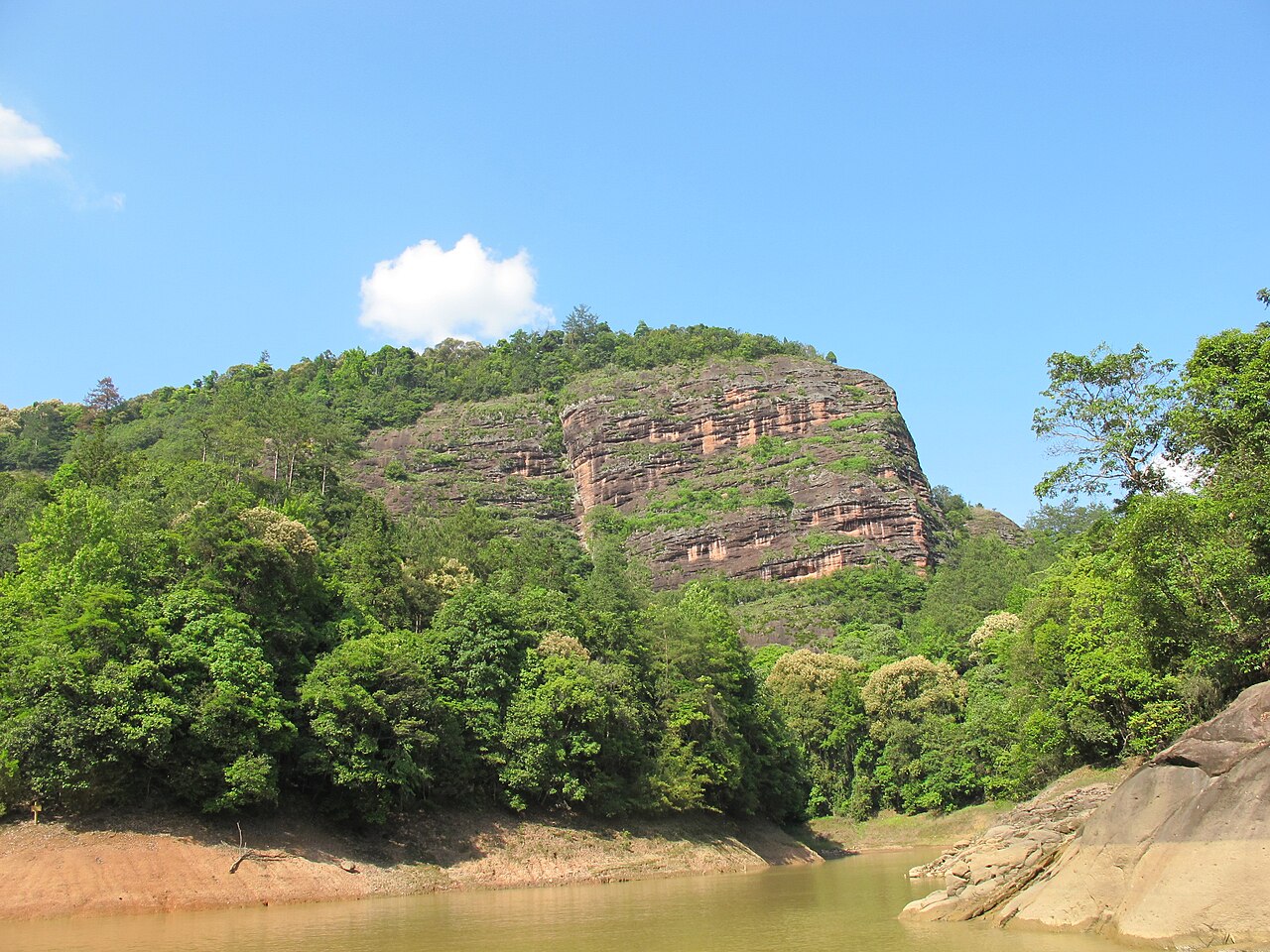 A forest-covered ridge with a pink sandstone cliff on its upper slope above the lake edge, with orange soil at the water's edge