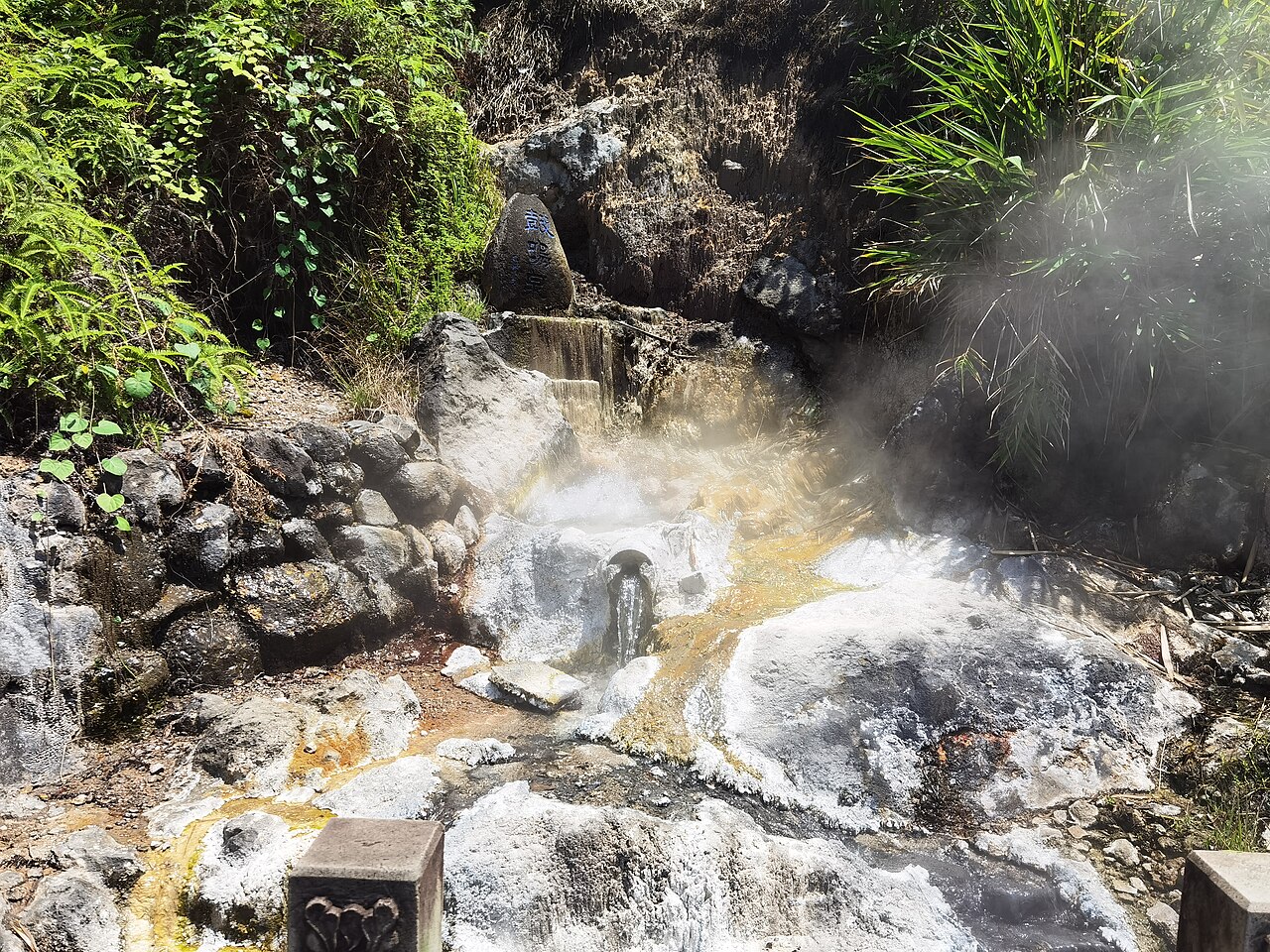 A rocky hollow with pale mineral-stained stone and thin steam rising among green ferns