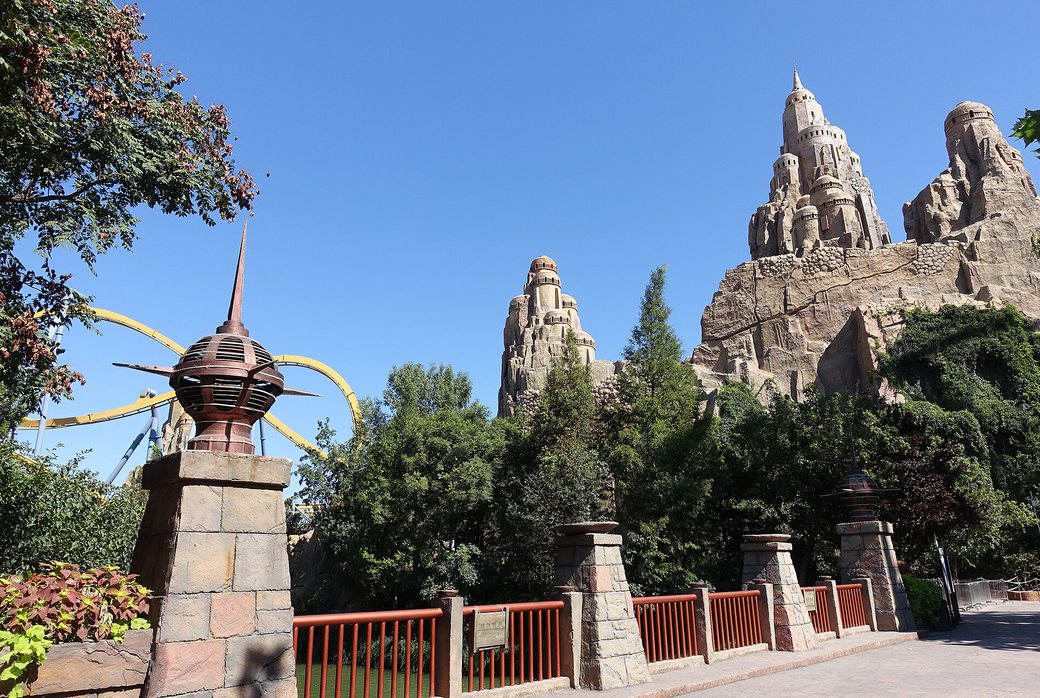 Themed rock spires in the Atlantis area of Happy Valley Beijing