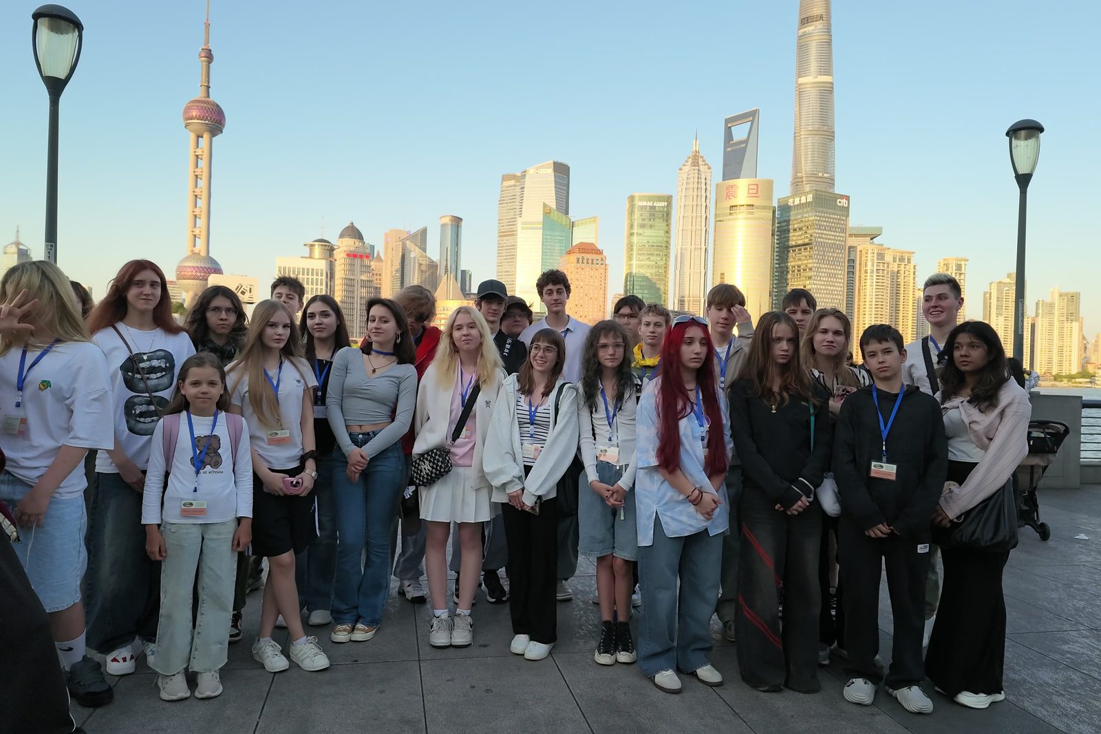 The student group on the Bund in Shanghai with the Pudong skyline behind